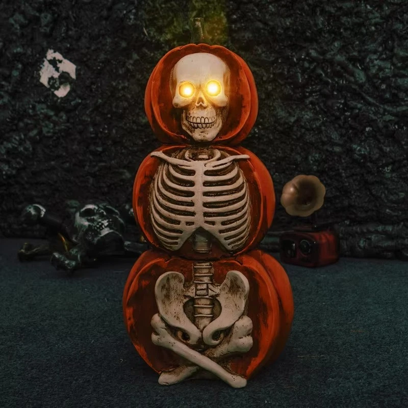 Halloween New Resin Pumpkin Figurine Luminous Skeleton Haunted House Glowing Creative Retro Atmosphere Prop Decoration