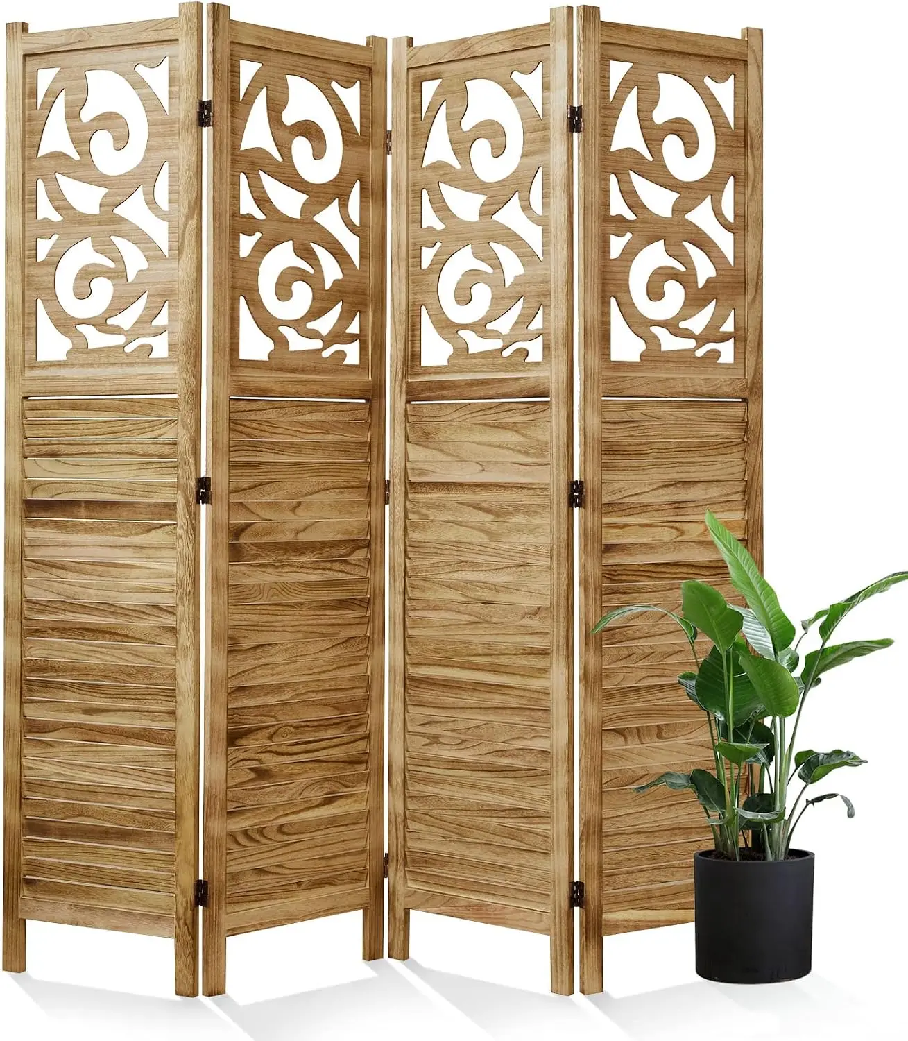 Wood Carved Room Divider, Indoor Folding Portable Partition Screen, 4 Panel Wall Divider for Home Office Garden Terrace, 67 x 60 Inch, Wood