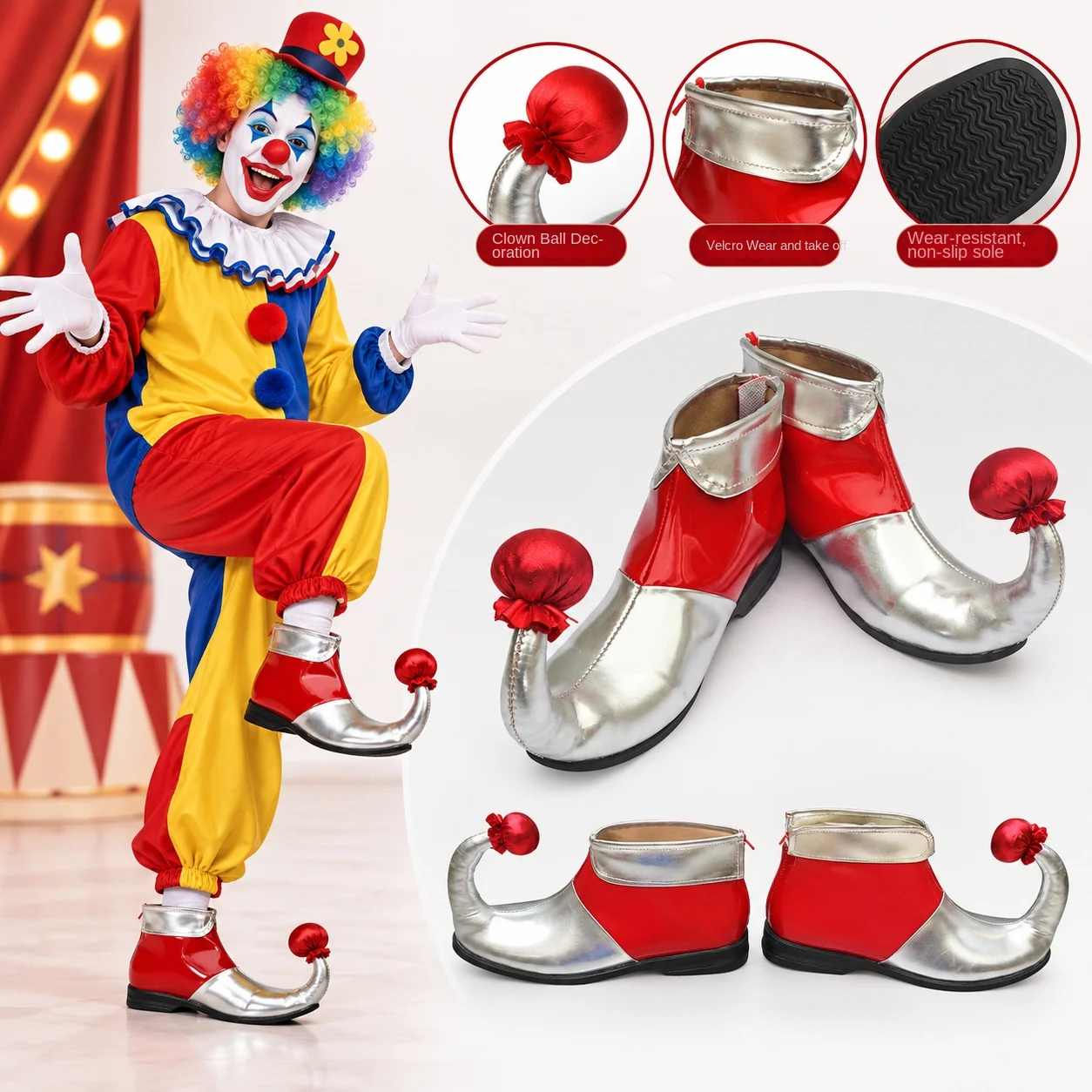 Sliver red clown shoes clown cosplay supplies clown cosplay accessories funny shoes halloween Cosplay Anime PU Clown Shoes