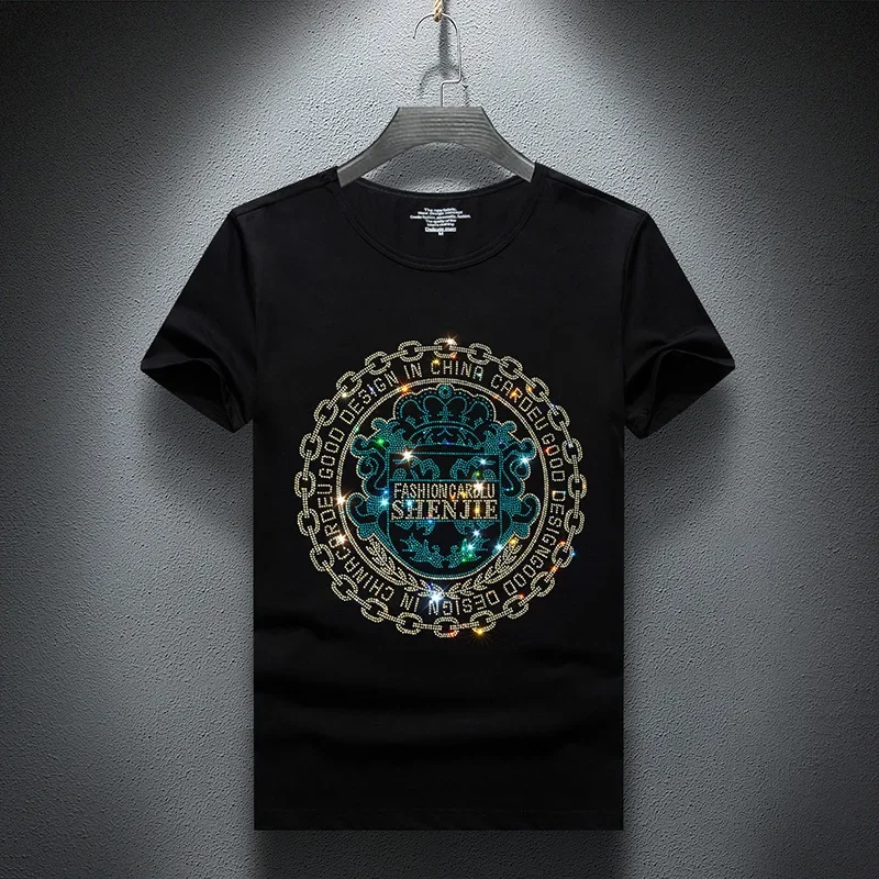 

2023 Abstract Pattern Rhinestones T Shirt Men Summer Tops Fashion Streetwear Short Sleeve O Neck Slim T-shirts Man Plus Size 7XL