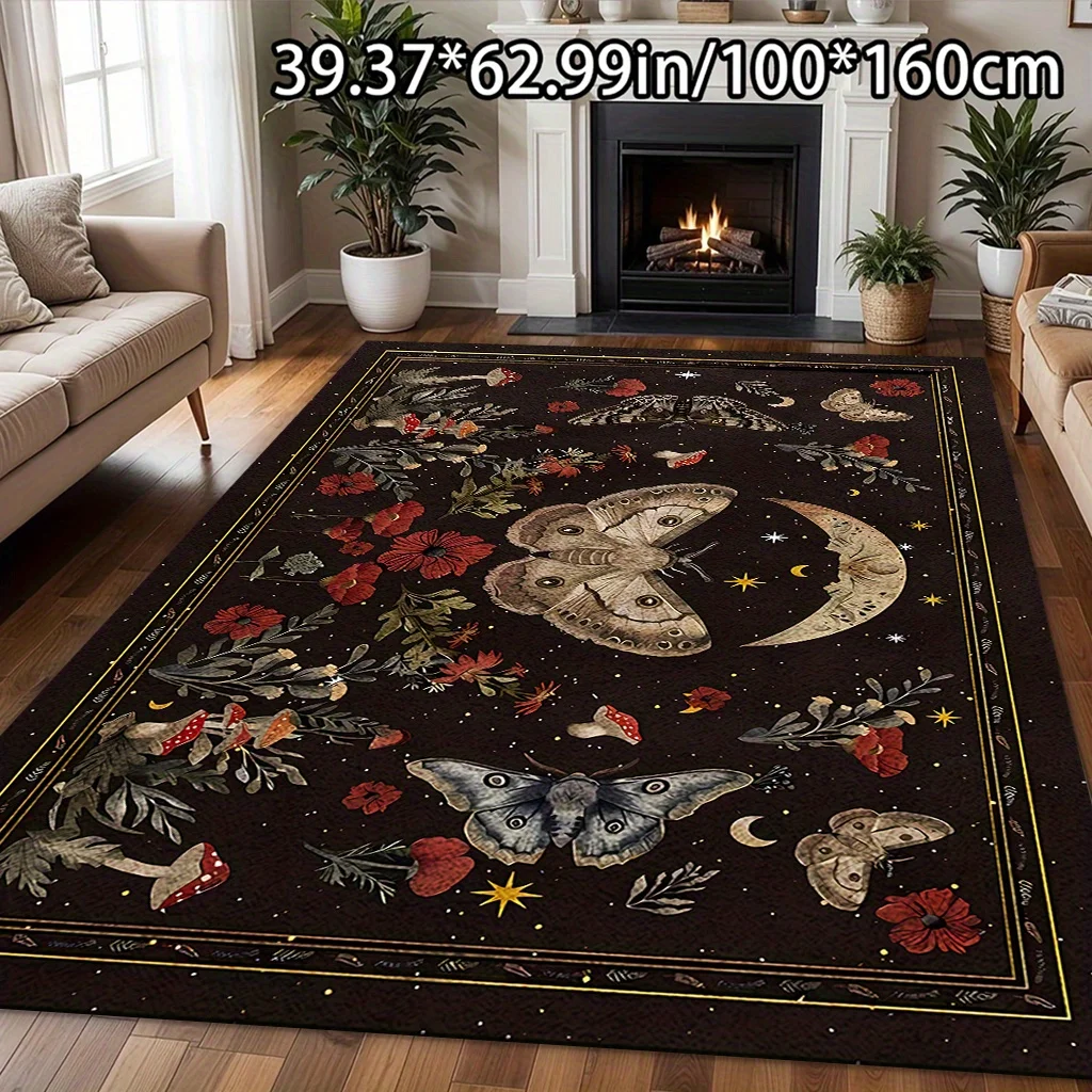 VIKAMA Living Room Home Rug Dark Gothic Moth Moon Star Botanical Mushroom Floral Pattern Anti‑Slip Washable Indoor Floor Mat