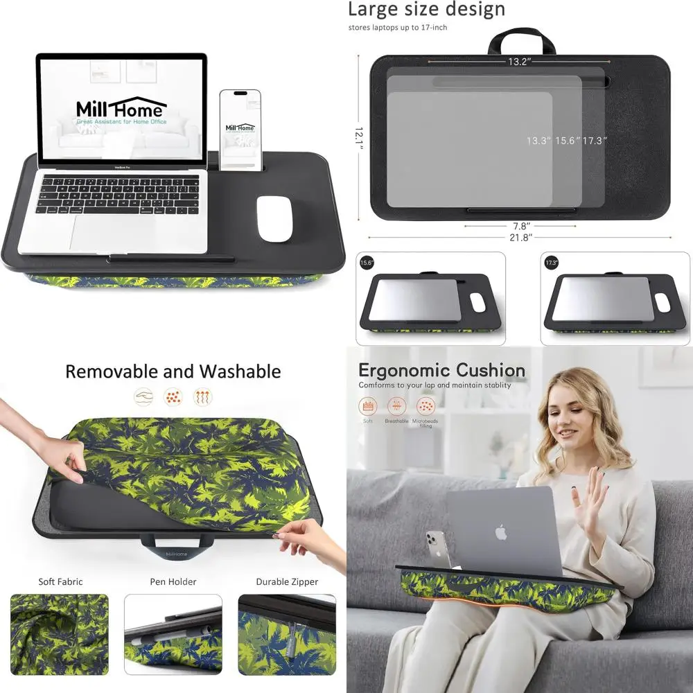 

Портативный столик для ноутбуков 17,3 дюймов — с мягкой подкладкой, моющийся, с держателем для телефона и полкой для устройств, для использования в кровати, на диване или кушетке