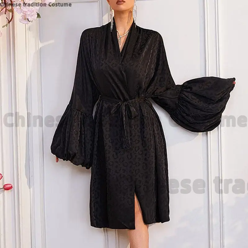 Women Leopard Jacquard Satin Robe Loose Lantern Long Sleeve Self Tie Belt Nightgown Bridesmaid Dressing Gown Loungewear