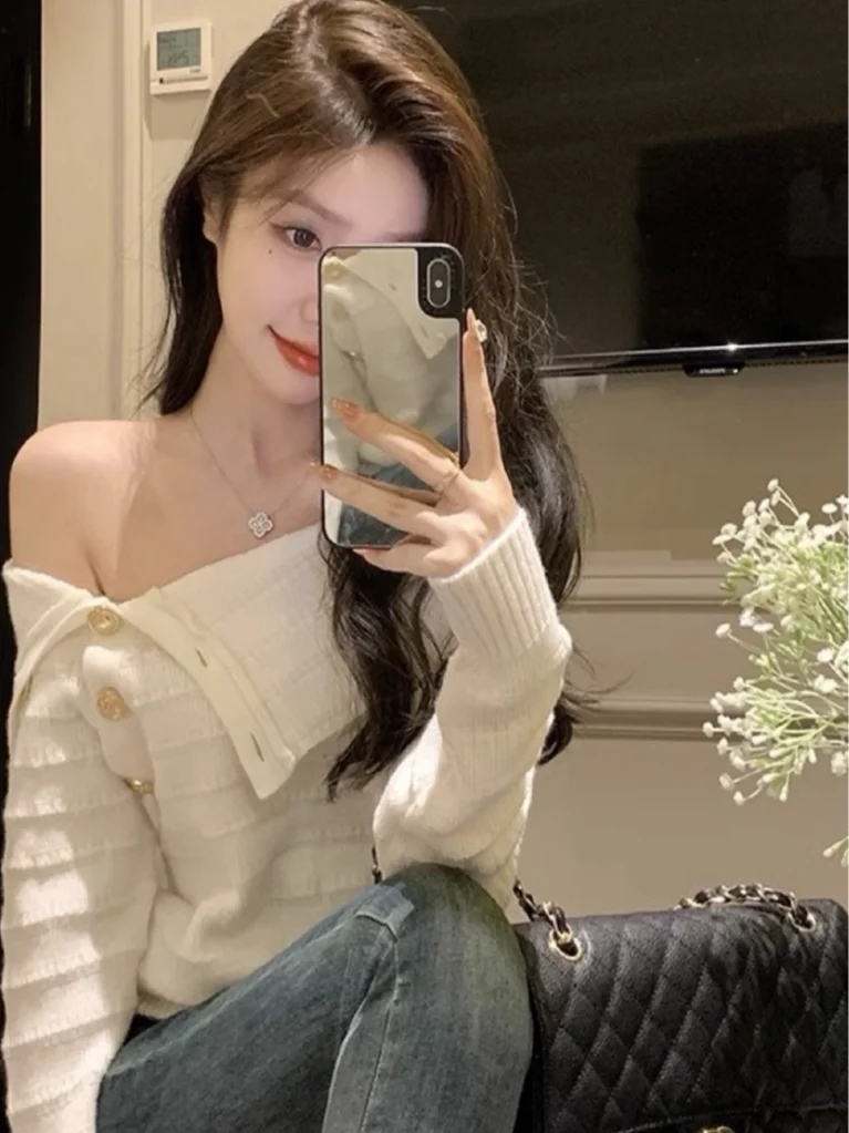 Elegant Gold Button Knitted Sweater Women's Autumn Winter Slim Fit Design Unique Shoulder Bared Outerwear Korean Style Regula...