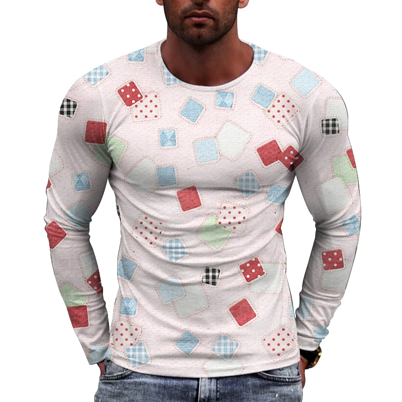 New Simple Pattern Printed European Size Long Sleeved T-shirt For Men's Casual Autumn Trend Top Round Neck Tees