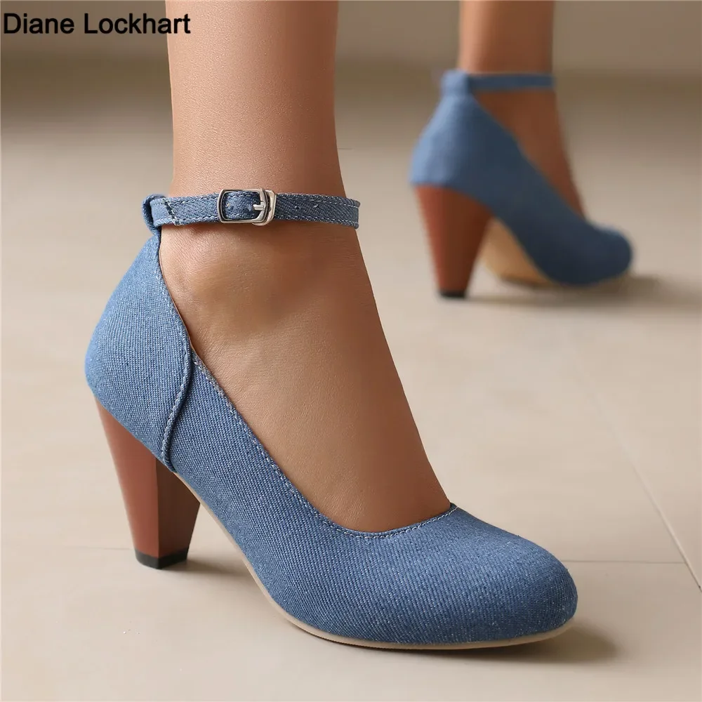 Décolleté in Denim da donna con punta tonda décolleté in Denim retrò da donna con tacco alto e tacco alto blu mary janes heels Office Party Banquet