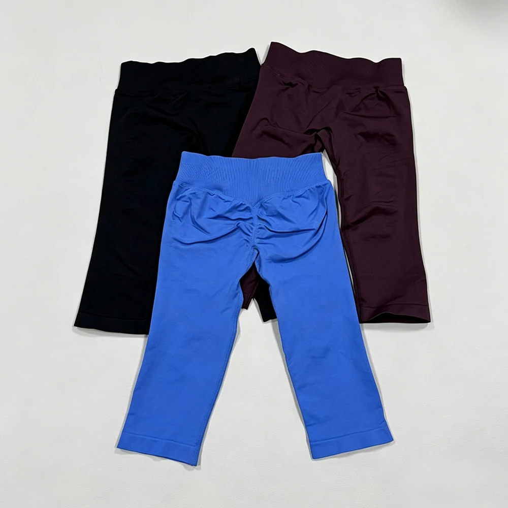 Seamless three section waist high stretch yoga cropped pants for women, running leggings, fitness peach hip pants
