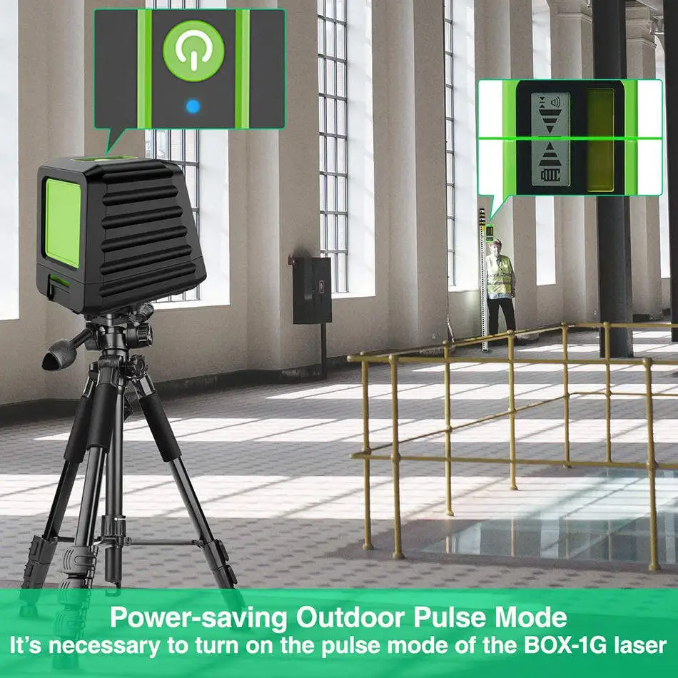 Huepar BOX-1G 2 Lines Vertical & Horizontal Cross Line Green Beam Self Leveling 150ft/45m Outdoor Laser Level