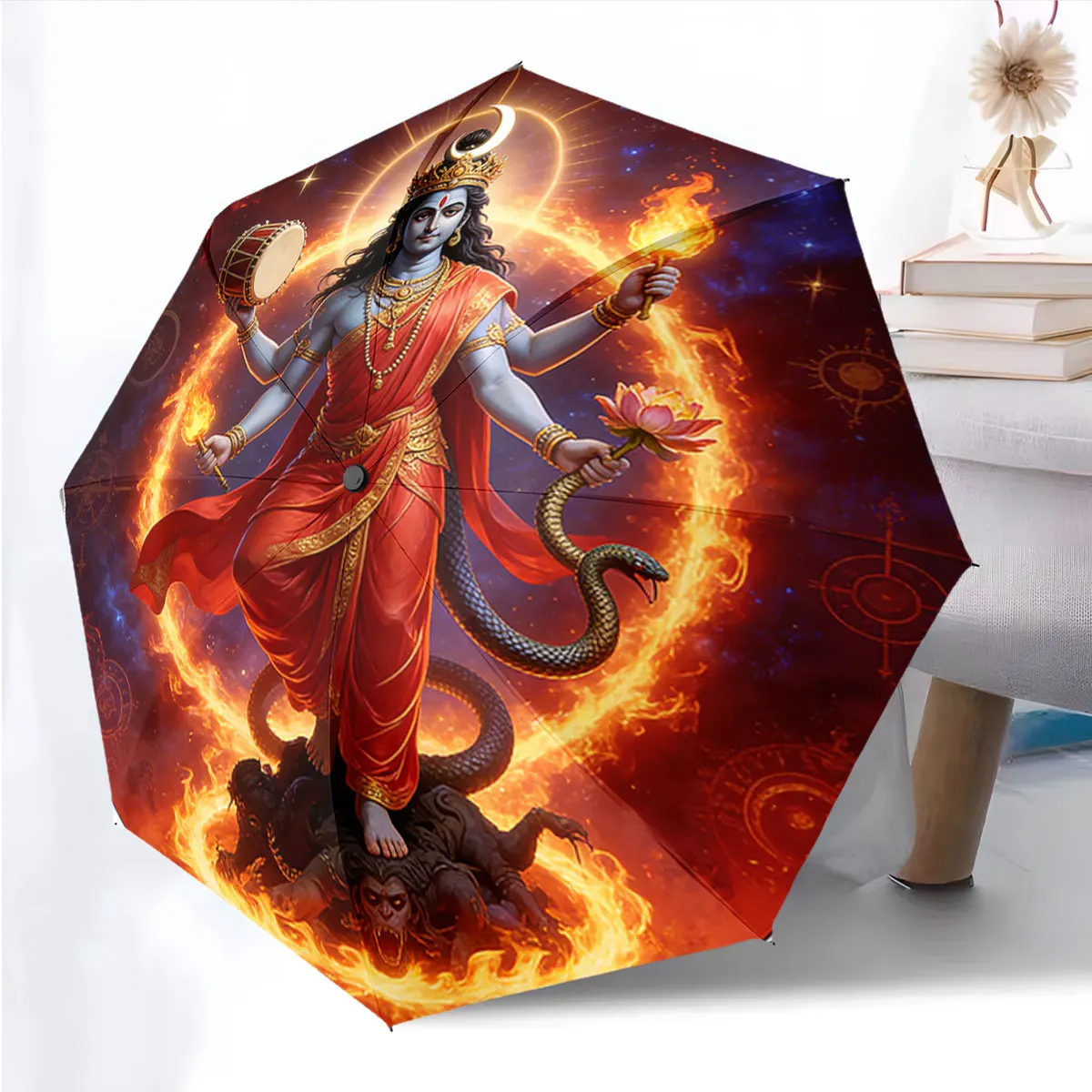1PC Artistic Umbrella Design Featuring a Mythical Figure Print 8 Iron Ribs Folding Umbrella Auto-Open Fashion Sunshade