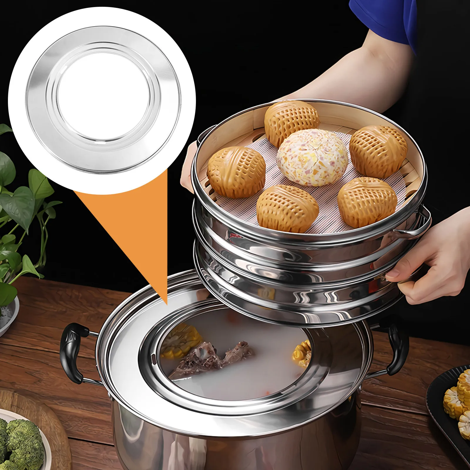 

Steamer Basket Ring Adapter Stainless Steel 28.5cm Outer 16.5cm Inner Steaming Rack Dumpling Bao Bun Dim Sum Kitchen Steamer