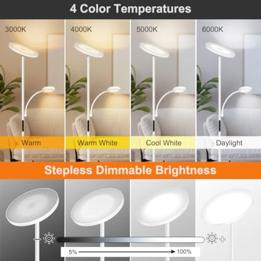 LED Floor Lamp, 27W/2400LM Modern Torchiere and 7W/ 400LM Reading Lamp, Bright Dimmable Standing Tall Lamp with 4 Color Tempera