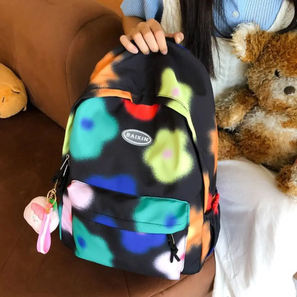 Large Capacity Flower Backpack Korean Style with Pendant Tie-dye Shoulder Bag Creative Graffiti Colorfu Floal School Bag Outdoor