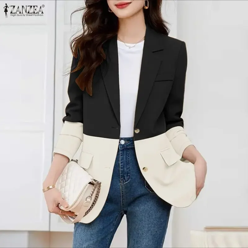 

Spring Fall Lightweight Blazer Women's Elegant Contrast-Color Notched Lapel Long Sleeve Button Up Jackets ZANZEA Woman Coats 3XL