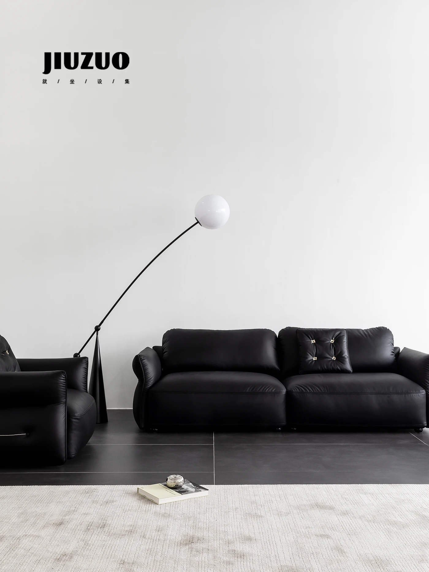 Leather black and white sofa with straight row, big three-person and four-person split floor lazy combination