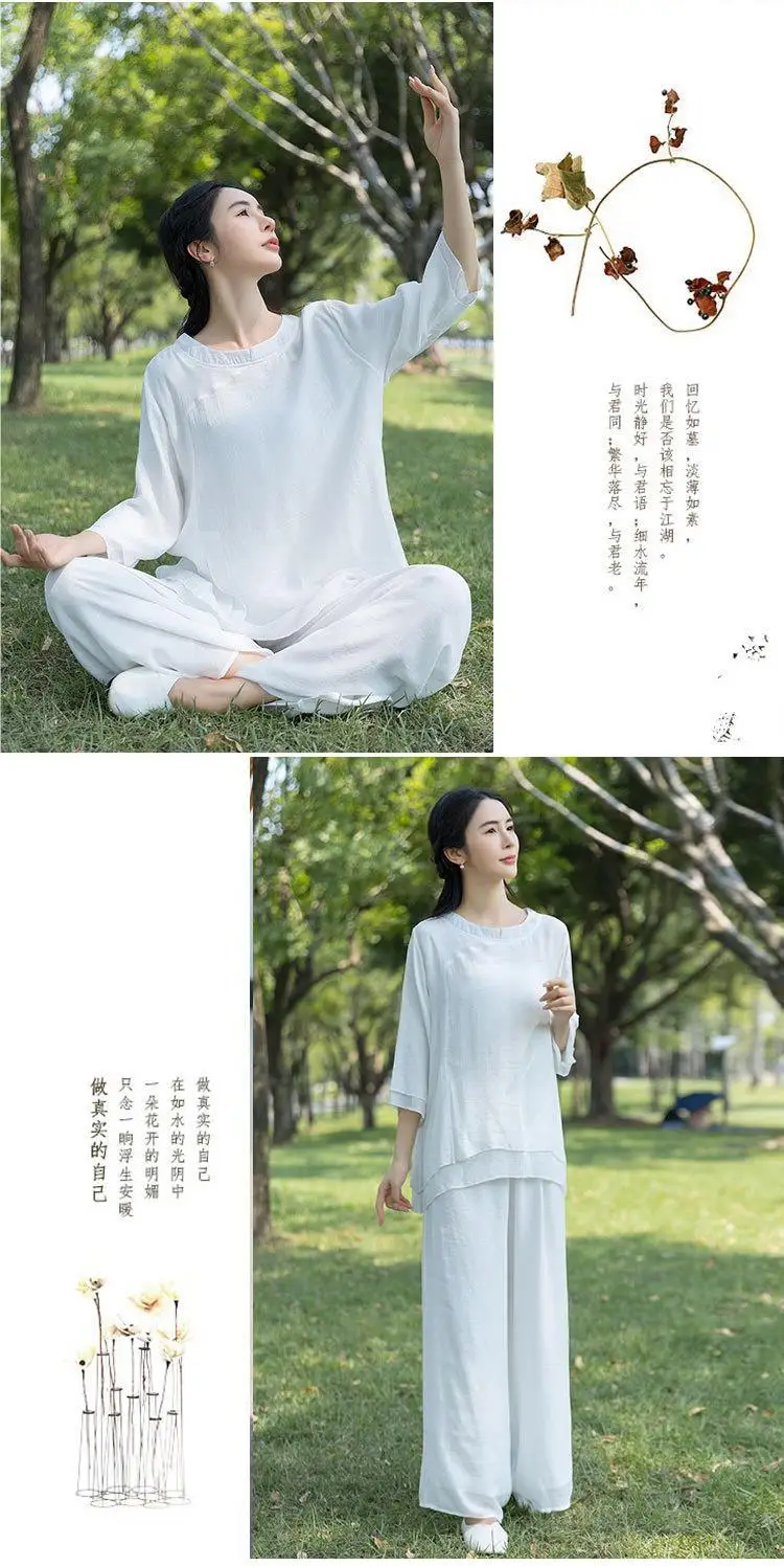 Chinesisches Baumwoll-Leinen-Zen-Teeset für Damen, lockerer Yoga-Meditations-Tai-Chi-Anzug mit Rundhalsausschnitt, Retro-traditionelle chinesische Kleidung – Detail 12