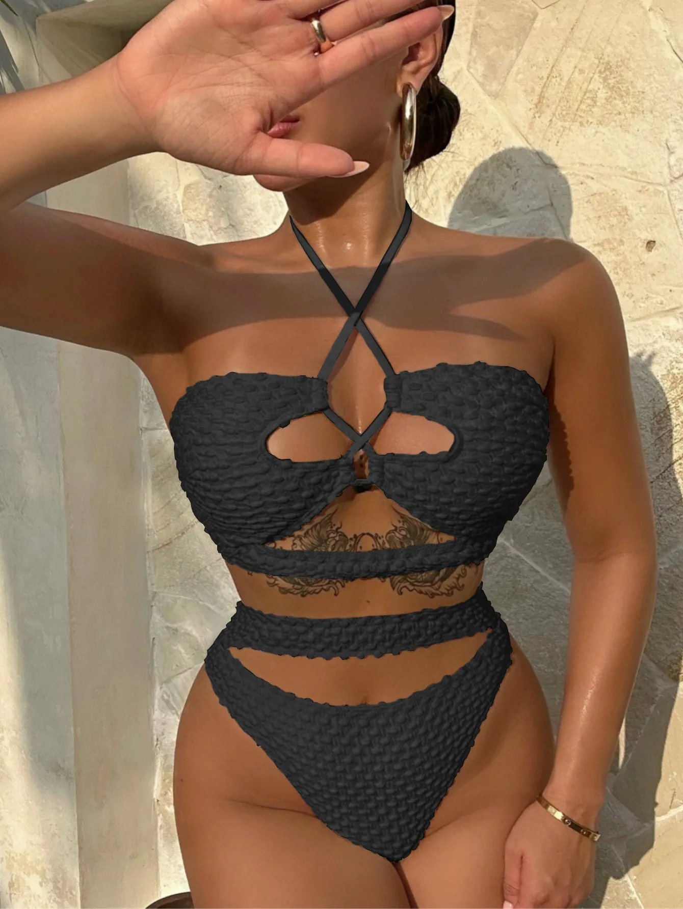 2026 New Women Bubble Textured Brazilian Bikini Set Halter Cross Strap Cutout 2 Piece Swimsuit Hollow Beach Bathing Suit Biquini