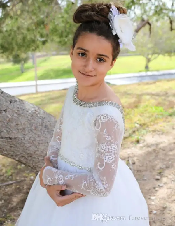 Vestidos de princesa hasta el suelo para niña, falda de tul de manga larga con cuello de cuentas y espalda descubierta, falda de flores Vintage