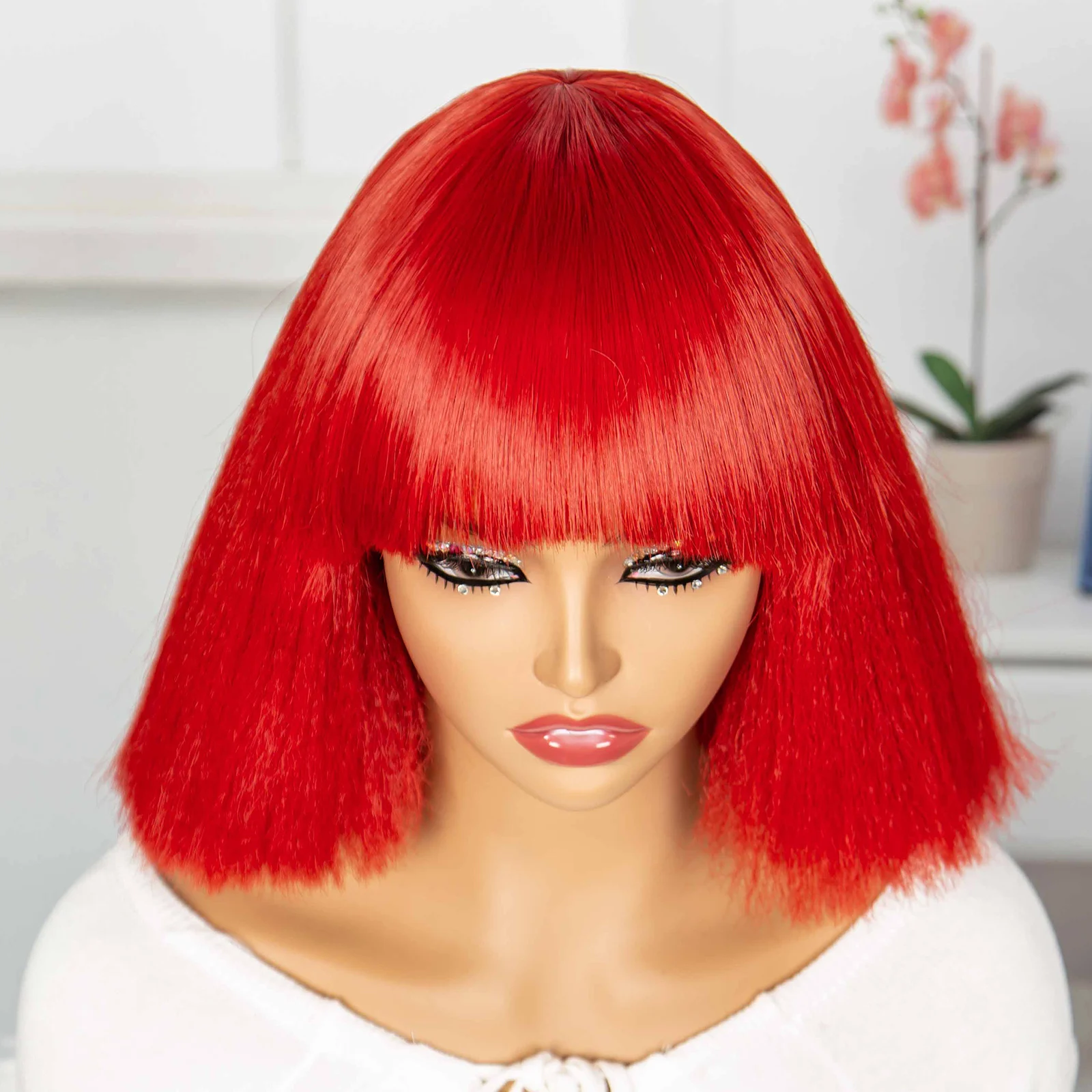 Red Blonde Black Hair Color With Bangs Bob Natural Fashion Wig Novice Friendly Everyday Wearable Synthetic Wig Resistant To Heat