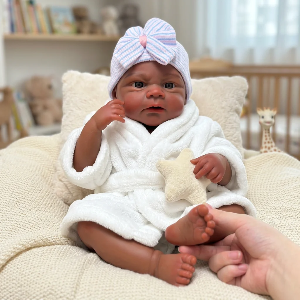 18 Inch Elijah Reborn Baby Doll Full Body Solid Silicone Dark Skin Hand Painted Real Touch Washable Collectible Art Doll