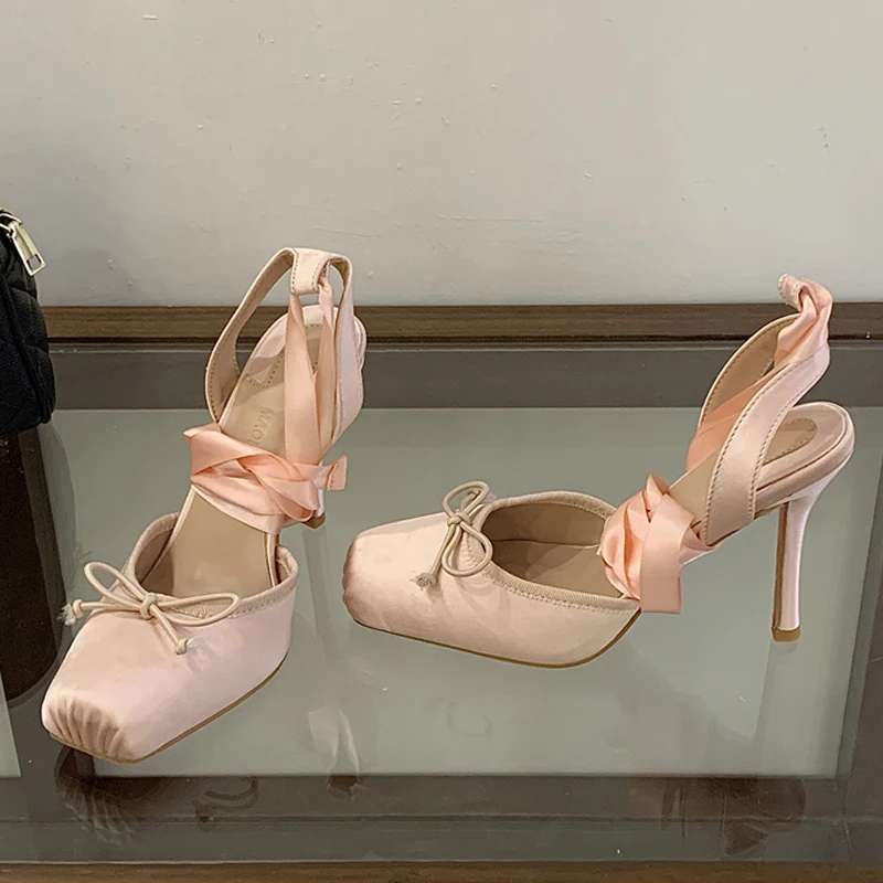 Eilyken Fashion Style Butterfly-knot Ankle Lace-up Mules Women Pumps Elegant Square Toe Thin High Heels Banquet Dress Shoes