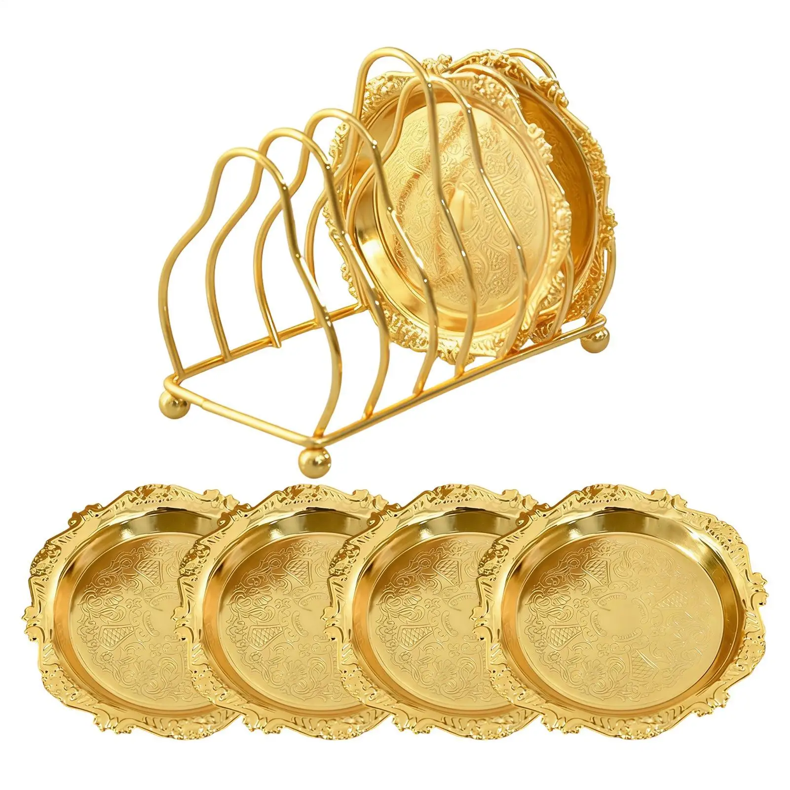 6pcs Vintage Metal Decorative Tray Set Stainless Steel Fruit Plate Embossed Gold Decorative Plates For Fruits Snacks & Beverages
