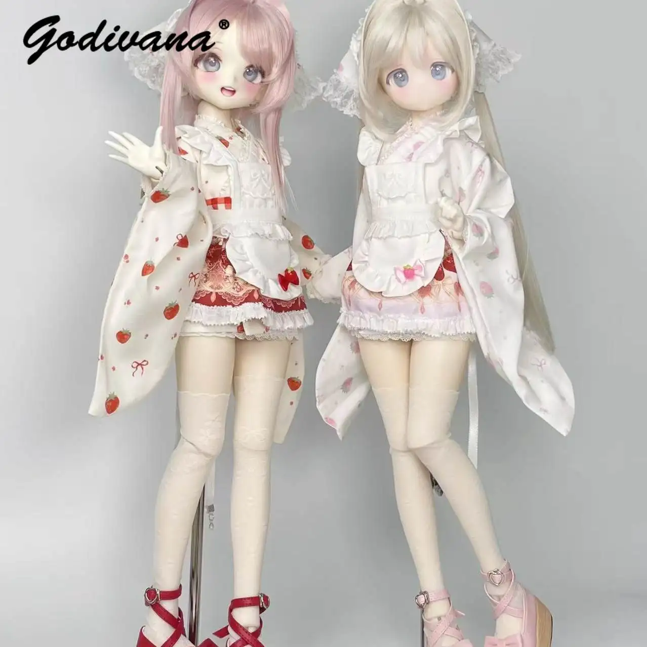 Pink Strawberry Print Floral Modified Kimono with Lace Trim Apron Bow BJD Doll Outfit for 1/4 BJD Dolls, Only Clothes Included