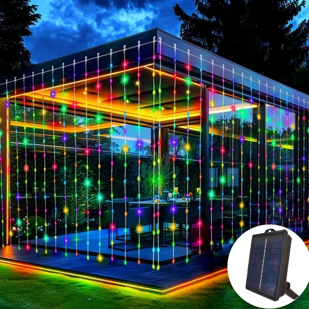 

8 Mode LED Solar Curtain Lights Christmas String Light Wedding Birthday Party Holiday Outdoor Garden Fairy Light Decoration