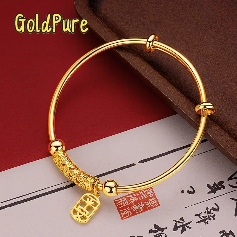 

Goldpure New Chinese Style 9999 24K Real Gold Chinese Style Women's Xiangyun Curved Tube Safety Bracelet Adjustable Push-pull Br