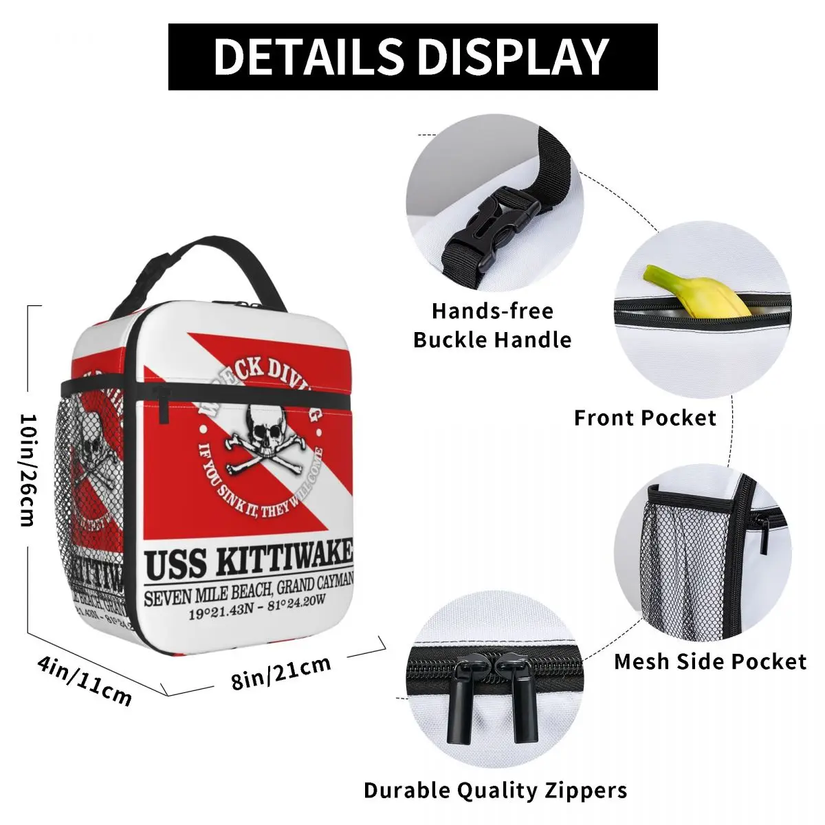 USS Kittiwake Scuba Diving Resuable Lunch Boxes Leakproof Diver Dive Flag Thermal Cooler Food Insulated Lunch Bag Office Work