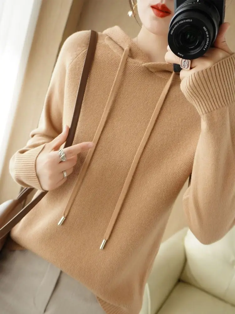 Pull à capuche pour femme automne hiver à manches longues chemise à fond chaud solide pulls décontractés hauts en tricot pull coréen 2025 rouge