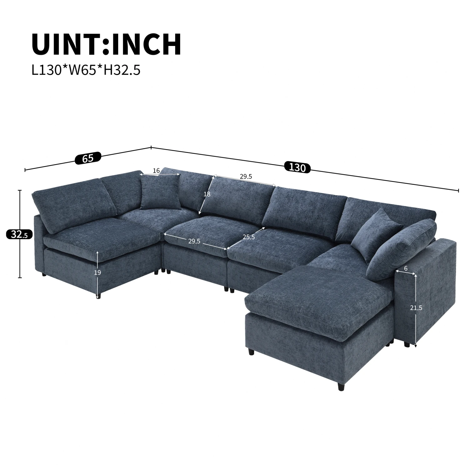 

[New] 130*65" Modern Modular Cloud Sofa Bed, 6 Seat Chenille Sectional Couch Set with Ottoman, Free Combination, Convertible U S