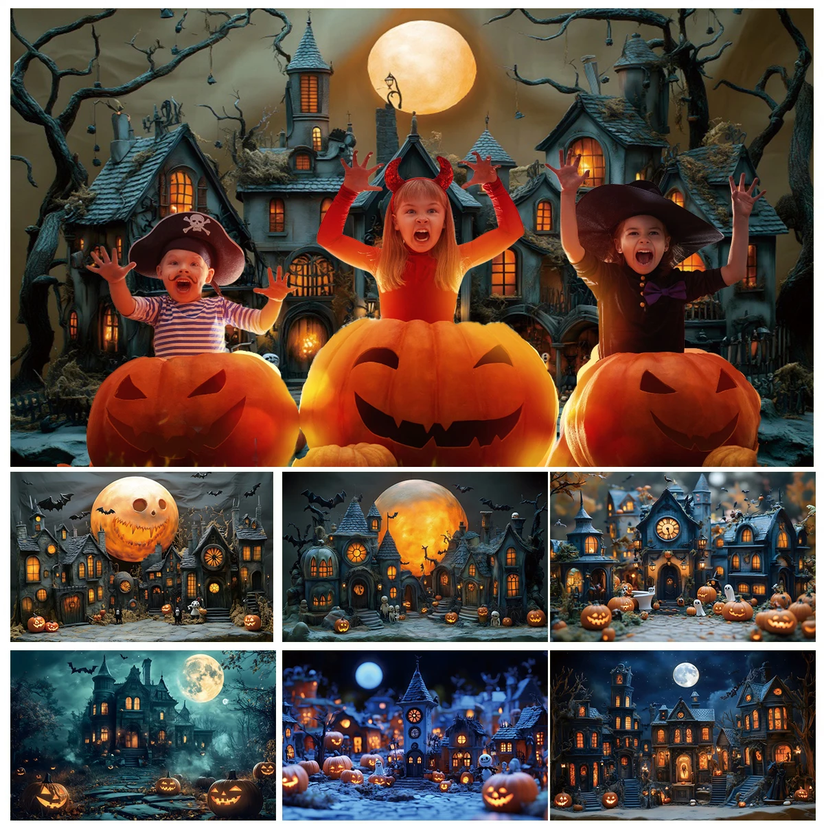 

Halloween Photography Backbdrop Full Moon Horror Night Scary Castle House Pumpkin Lantern Spooky Kids Portrait Photo Background