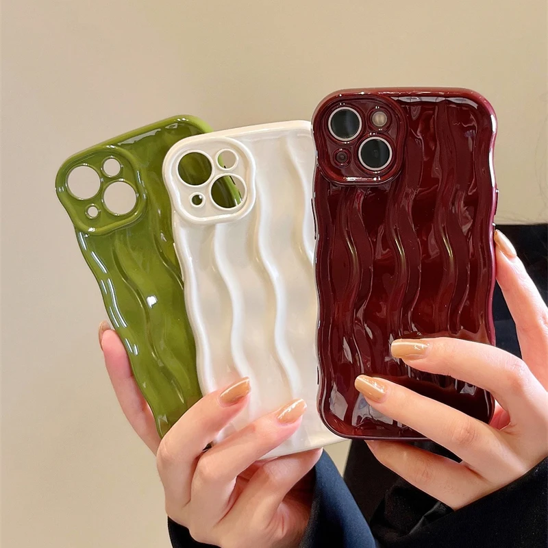 Fashion Wave Fold Pattern Case For iPhone 14 13 12 11 15 16 Pro Max Solid Color Soft TPU Back Cover Lens Protection