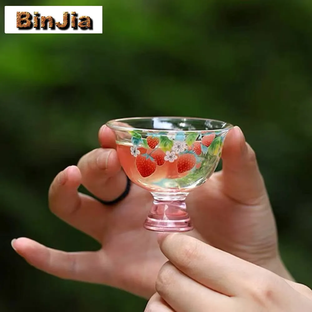 

2Pc/Set Strawberry High Foot Small Tea Cup Heat-Resistant Glass Master Single Dedicated Bowl Kung Fu Set Gifts 45Ml