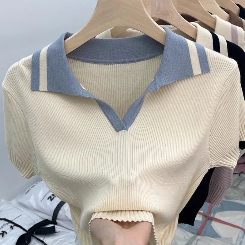 Women\'s 2024 Summer New Pullover POLO Collar Patchwork Screw Thread Fashion Solid Color Elegant Casual Knitted Short Sleeved Top