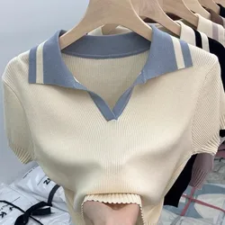 Women's 2024 Summer New Pullover POLO Collar Patchwork Screw Thread Fashion Solid Color Elegant Casual Knitted Short Sleeved Top