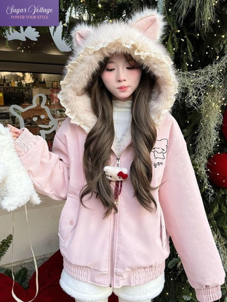 Japanese Sweet Cute Winter Jacket Women Thick Padded Zip Up Coat Warm Insulated Outerwear Kawaii Korean Fashion Popular Clothes