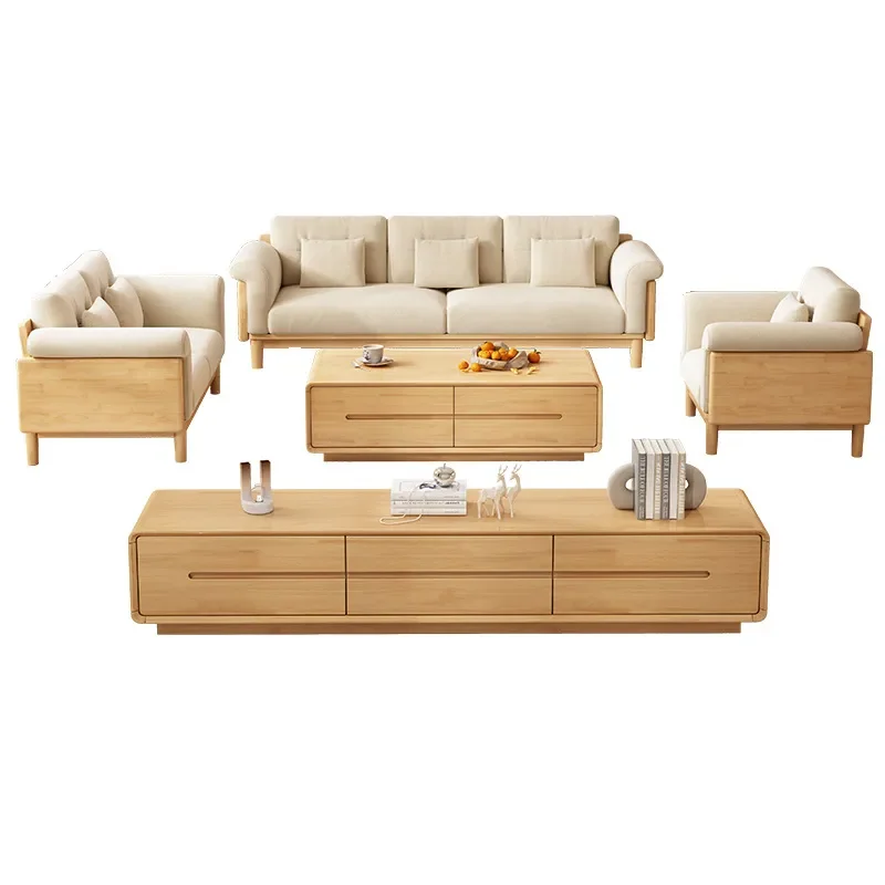 Nordic Solid Wood Fabric Sofa  Simple Small Apartment Log Style Corner Princess Living Room Furniture