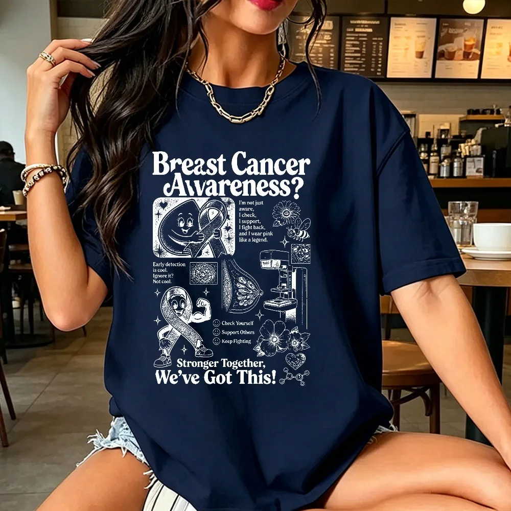 Breast Cancer Awareness T Shirt Retro Support Graphic Tee Gift for Survivor Women Educational Graphic Tee Casual Cotton Tshirt
