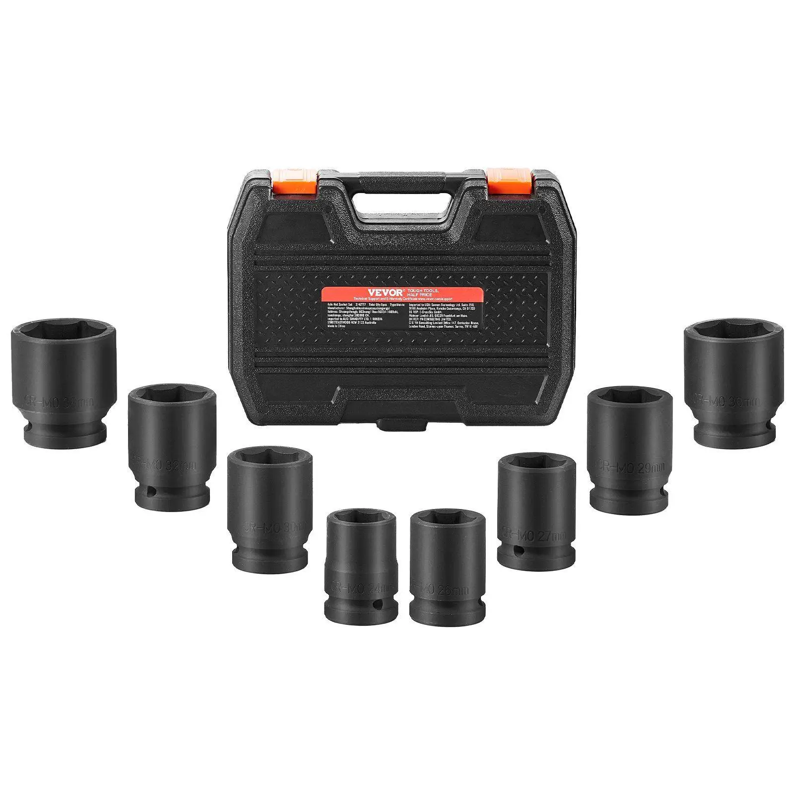

8PC 24-38mm 6-Point 3/4in Metric Impact Socket Set for Axle - Hardened CR-MO Steel with Storage Case