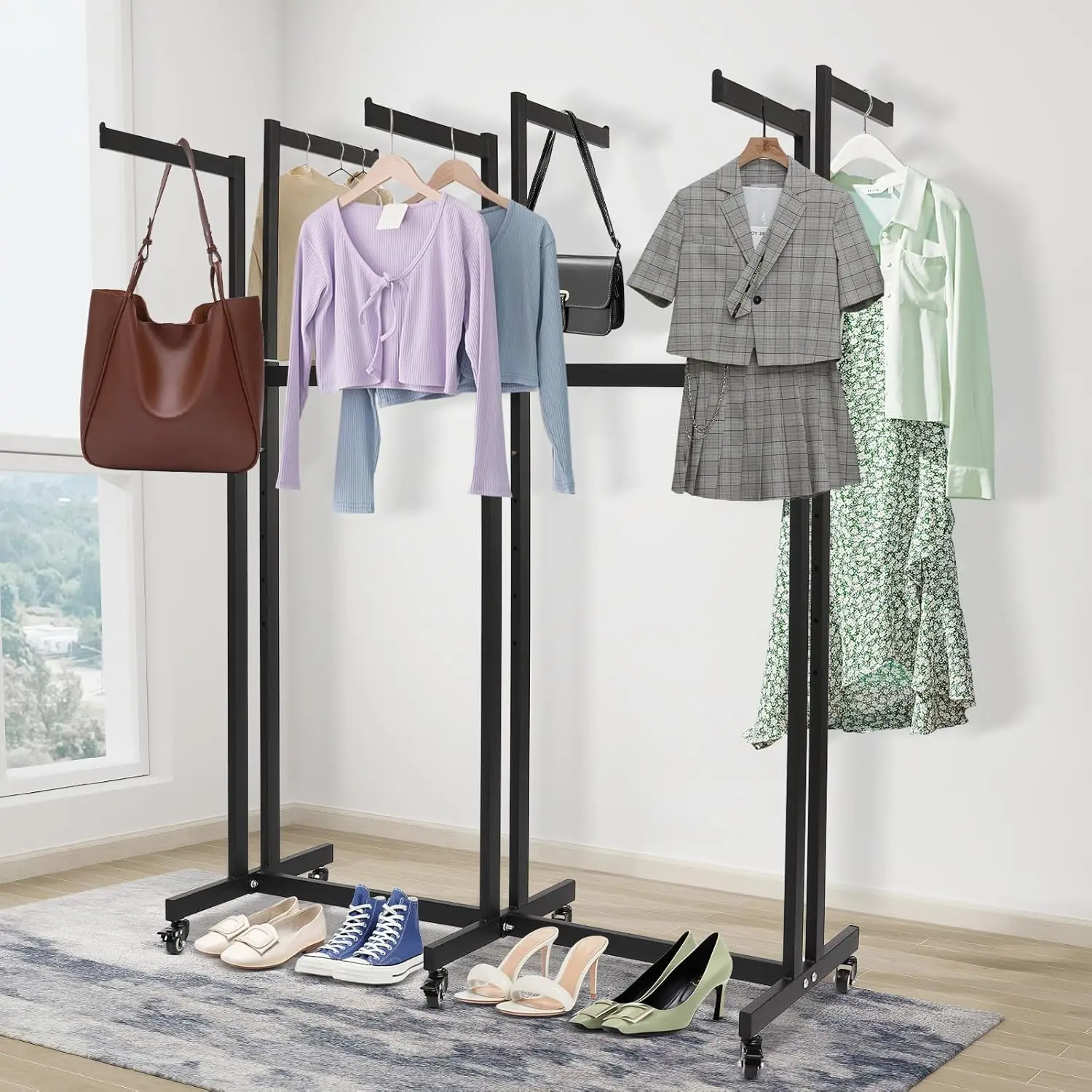 

62in-Retail Clothing&Garment Display Rack W/Wheels, Adjustable Black Boutique Dress Rack,Multi Rod Display Hanging Rack for Home