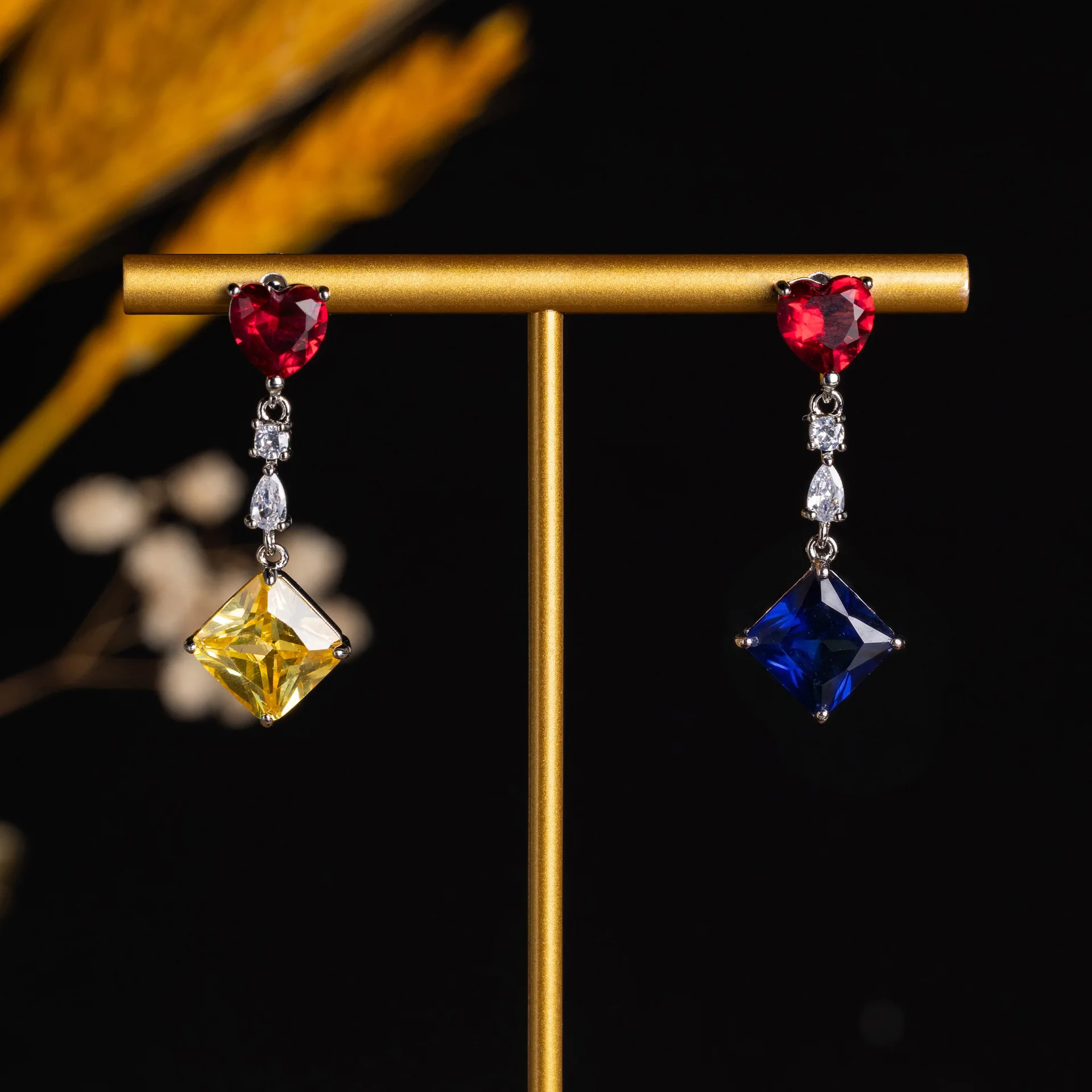 Chic Long Fringe Colorful Zircon Earrings Combination of Heart, Water Drop and Square Stone Luxury Women Cocktail Present