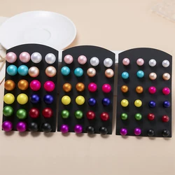 Juego de pendientes de tuerca de perla simulada de colores clásicos para mujer, 12, 10 y 8mm, pendientes de oreja, joyería, pendientes de bola redonda, regalos, 12 pares/set