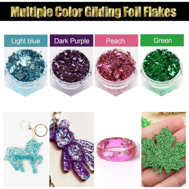 رقائق رقائق الذهب، رقائق التذهيب 20 لونًا، رقائق رقائق معدنية، رقائق رقائق الذهب المقلدة مع ملاقط للراتنج، فن الأظافر