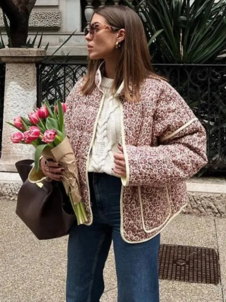 

Women's Autumn New Floral Printed Coat Stand Collar Color Matching Pocket Quilted Padded Jacket Coat Female Warm Chic Outwear