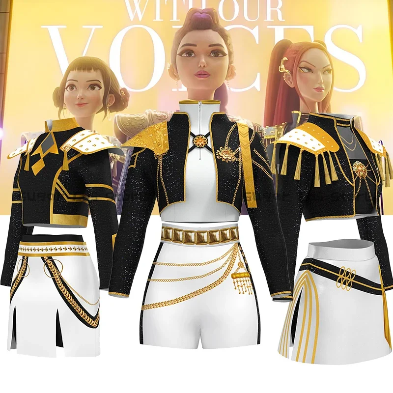 

Kids Women Anime Kpop Demon Hunter Cosplay Rumi Zoey Mira Costume Black Golden Suit Halloween Huntrix Role Playing Outfit