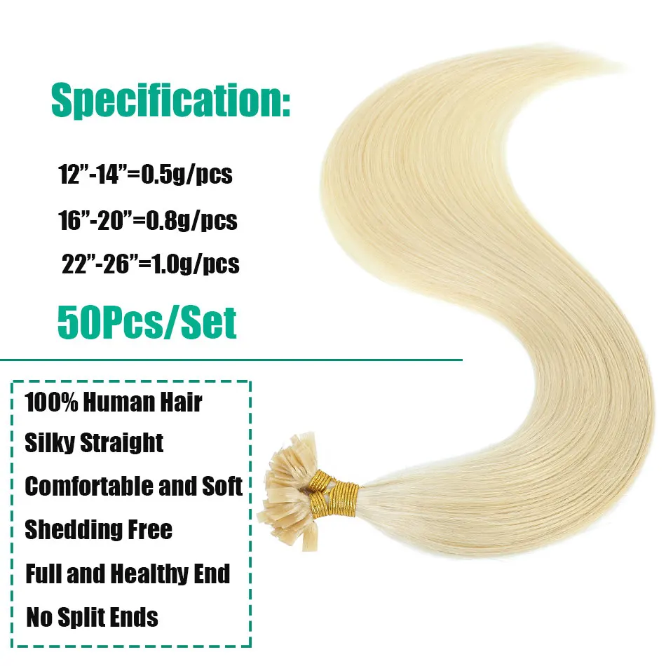 Straight Flat Tip Human Hair Extensions Keratin Hair Blonde Color Pre Bonded Flat Tip Remy Hair Extension Capsule Fusion Hair