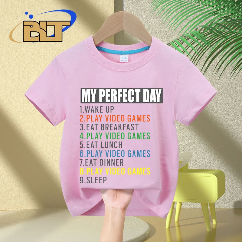 Camiseta impressa My Perfect Day para meninos e meninas, algodão puro infantil, tops casuais de manga curta, presentes de verão