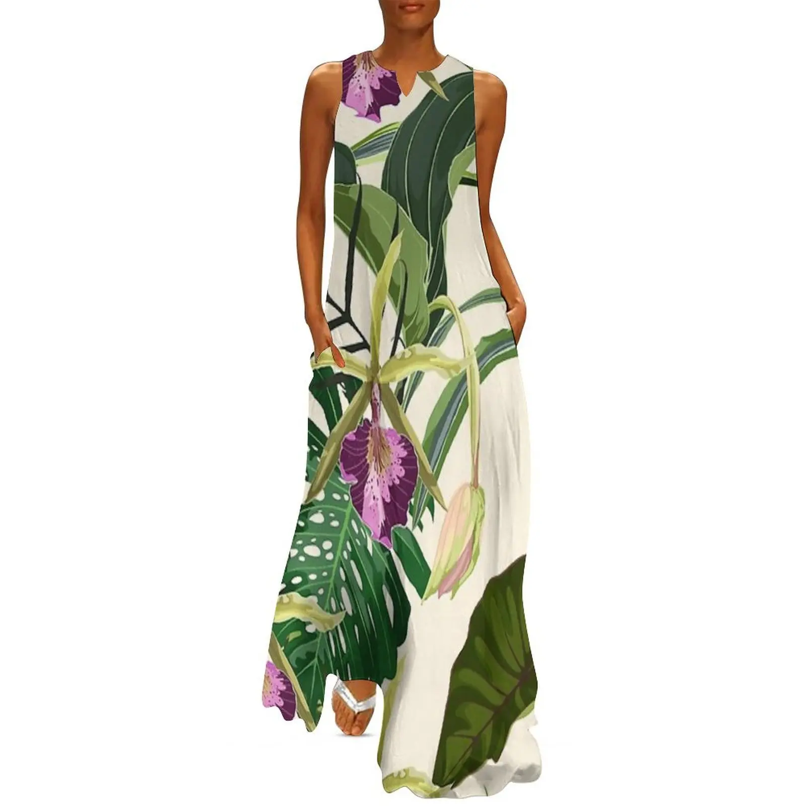

Tropical orchid flowers and exotic leaves on yellow background. Long Dress sexy short dresses daring Clothing