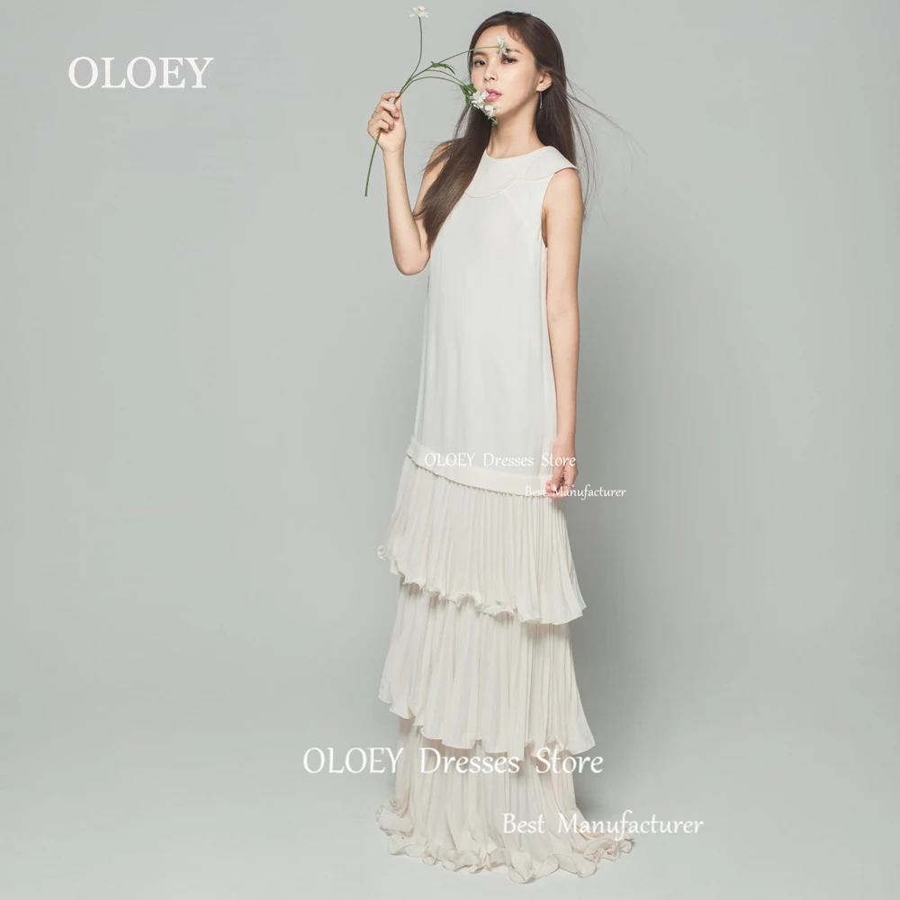 

OLOEY Satin Ivory Evening Dress Korea Photoshoot O Neck Sleeveless Wedding Party Gown Tiered Ruffles Floor Length Custom Made